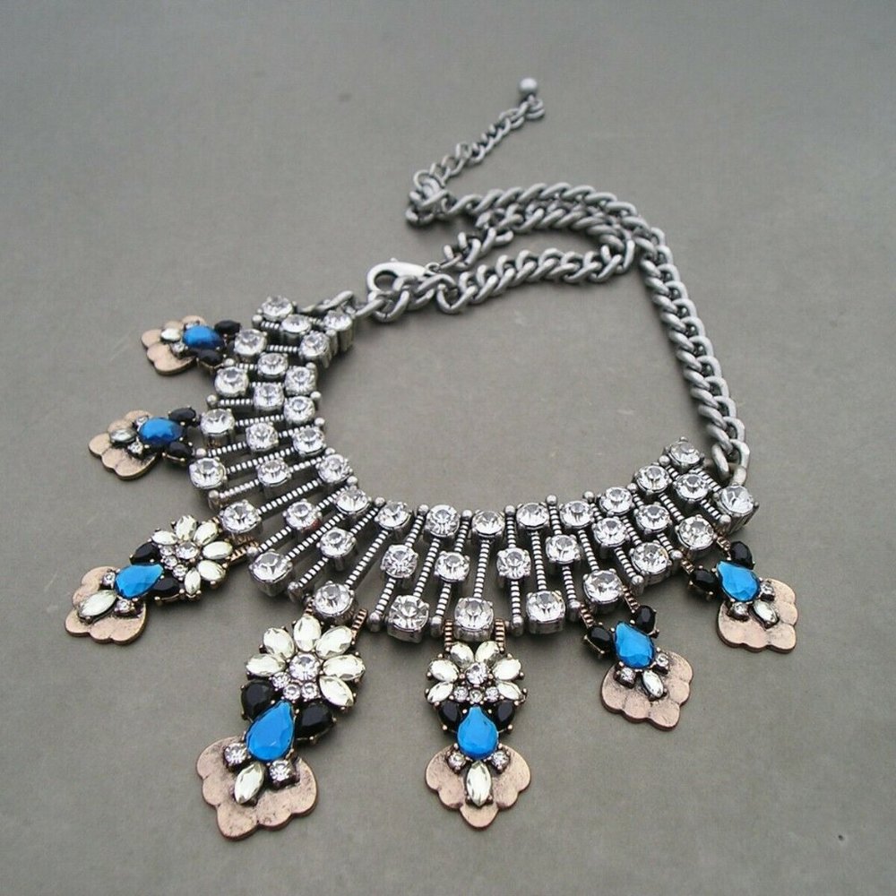 Statement Rhinestone Blue Black Glass Necklace